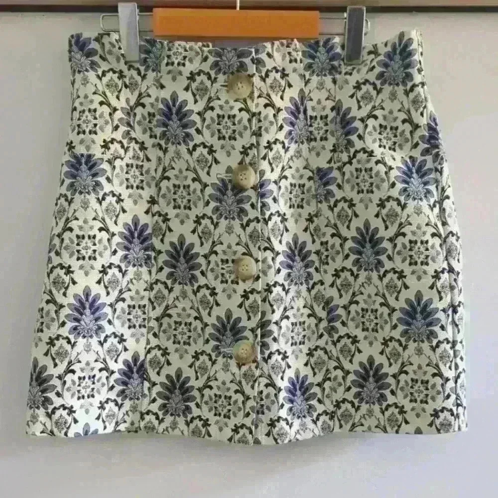 TOPSHOP | Women's Off White/Blue Ruffled Waist Floral Mini Skirt